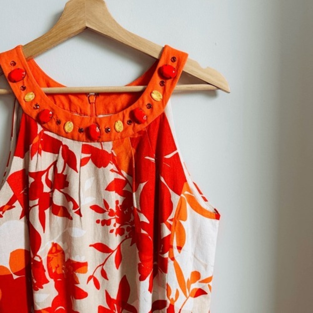 Vintage Jessica Howard Orange Floral Linen Blend Embellished Shift Dress 12 - Picture 3 of 8